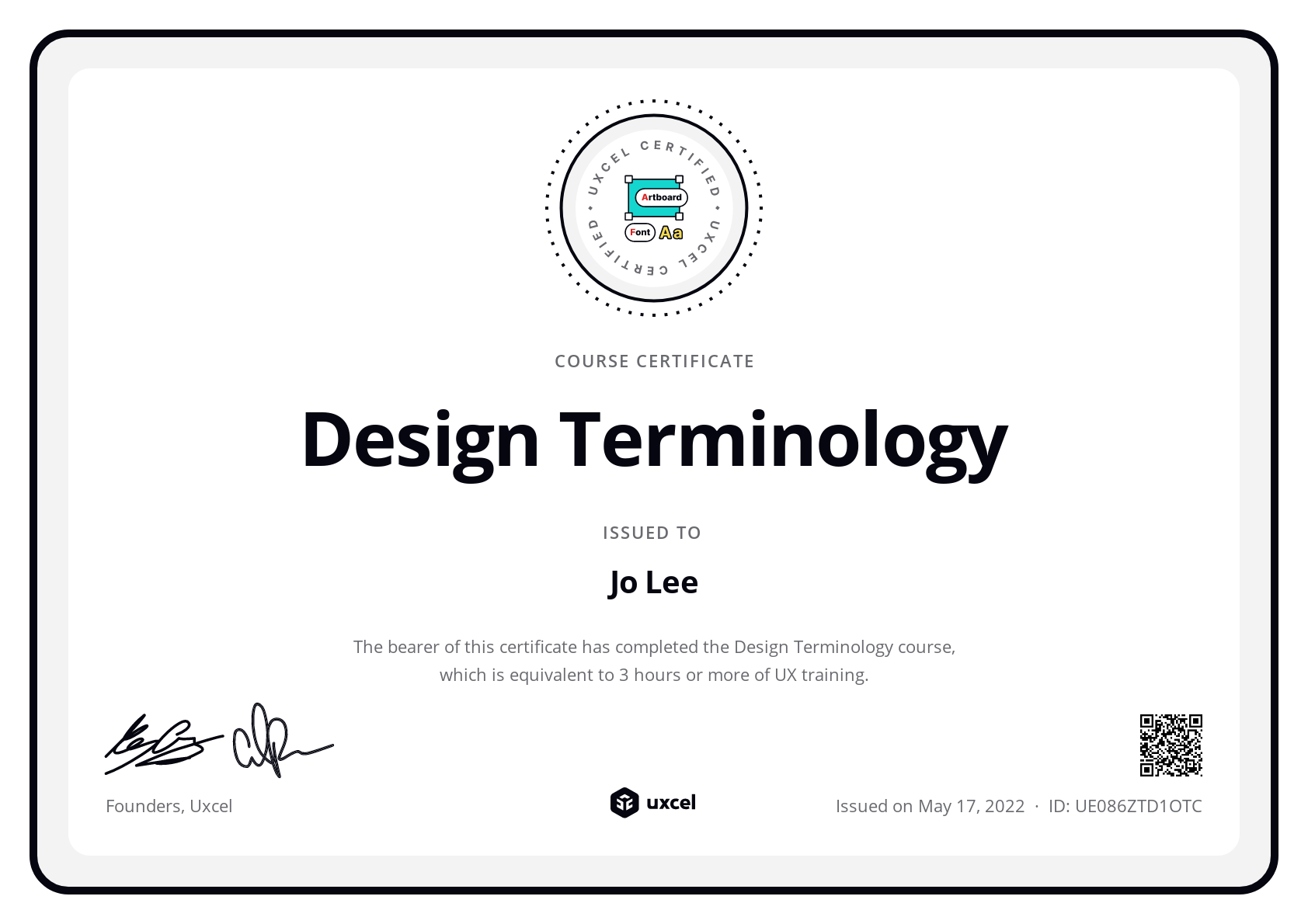 Jo Lee's certificate